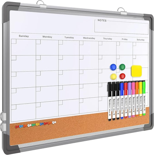 Monthly Calendar Whiteboard for Wall, 24x18 Inches Dry Erase Board with Cork Board Combo, Magnetic White Board, Double-Sided Hanging Portable Board for Office School Home Kitchen Planner Memo