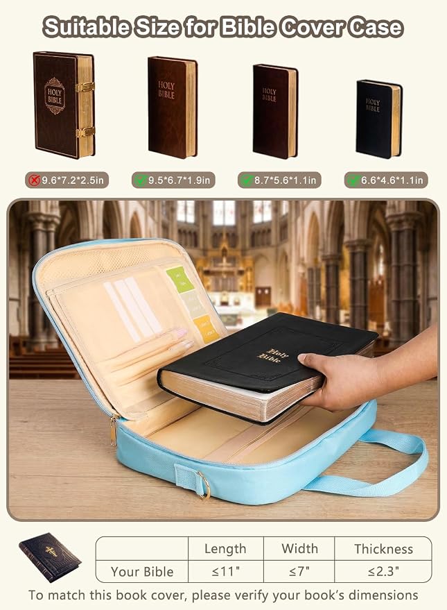Large Bible Bag with Study Supplies, Womens Bible Cover Journaling Kit w/Highlighters Tabs, Blue Girls Bible Case, Quilted Ladies Book Travel Case w/Shoulder Strap, Christian Gifts for Teen