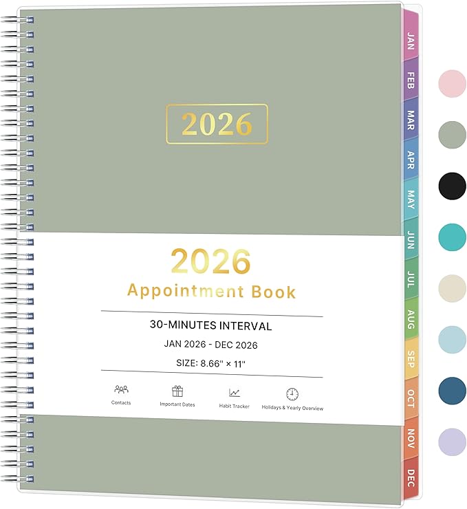 2026 Appointment Book, 30 Minutes-Hourly, Weekly ＆ Monthly Calendar Planner 2026, Jan 2026 - Dec 2026, 8.5'' x 11'', 2026 Daily Planner with Tabs ＆Pocket, Flexible Cover, Great for Office, Home, School