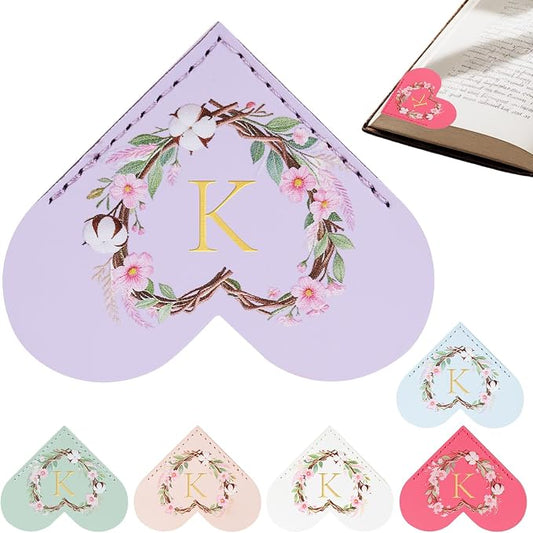 6 Pack Macaron Colorful Bookmarks,Heart Shape Leather Bookmark Set with Floral Initials,Cute UV Printed Design,Bulk Graduation Gifts for Students Teachers Book Lovers,Elegant Thank You Gift (K)