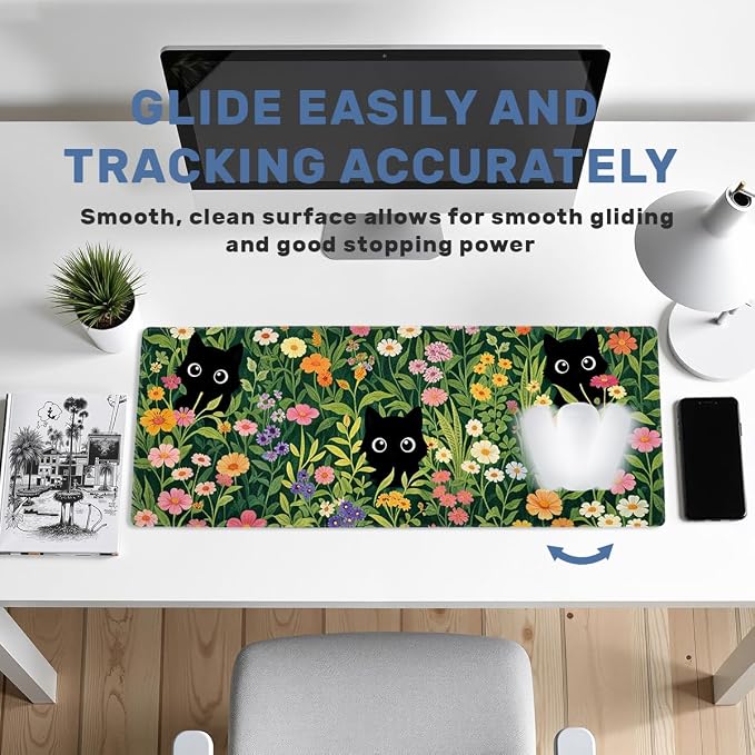 Black Cat Gaming Mouse Pad 35.4 x 15.7 Inches Kawaii Flower Meadow Cute Spring Garden Desk Mat with Non-Slip Rubber Base, Stitched Edges for Gaming,Office