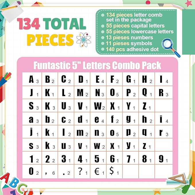 Mooliwe 134 Pcs 5 Inch Colorful Composition Bulletin Board Letters for Classroom Alphabet Numbers Combo Set Cutouts Letter for Bulletin Board Display Chalkboard School Decor