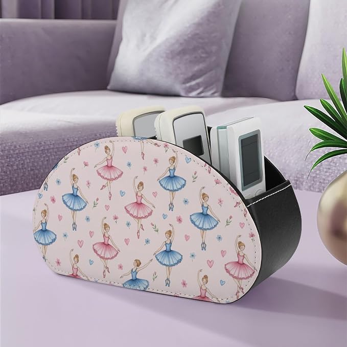 5-Compartment Remote Caddy, PU Leather Storage Box for TV Controllers, Media Players, and Office Desk Organizer, Ballerina Girls Pink