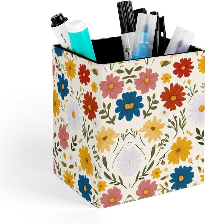Flowers Print Square Leather Pen Holder, Minimalist Desk Organizer for Office Home School, Pencil & Stationery Storage Box, Gift for Students Teachers Colleagues