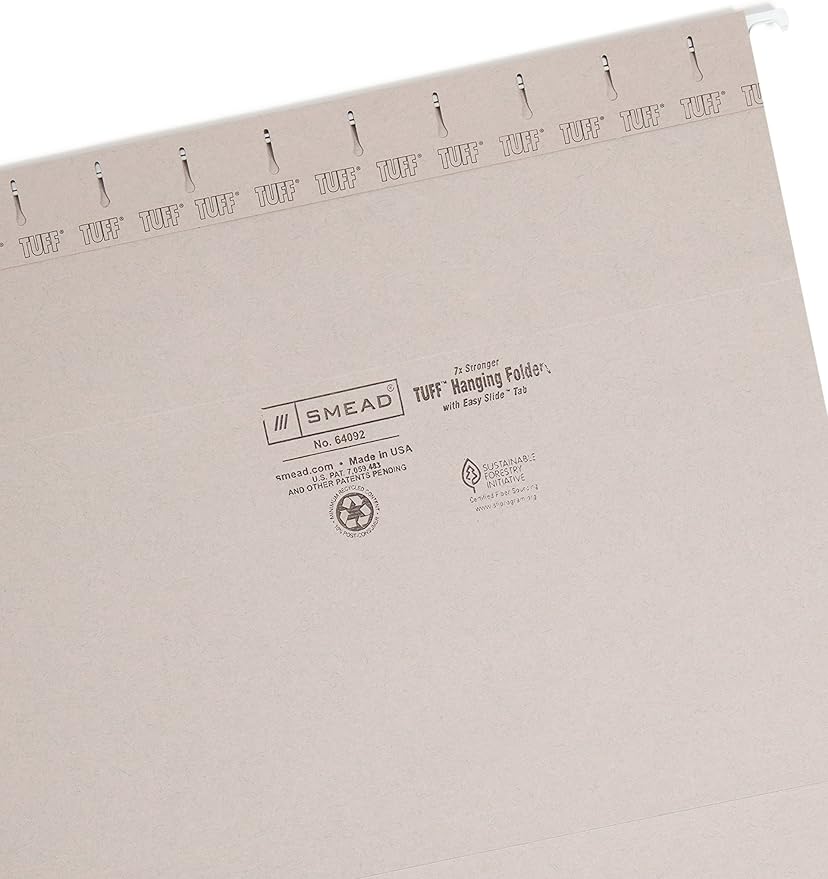 Smead TUFF Hanging File Folder with Easy Slide Tab, 1/3-Cut Sliding Tab, Letter Size, Steel Gray, 18 per Box (64092, Rod Color May Vary)