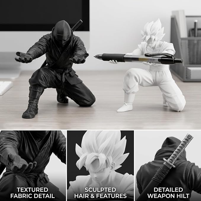 Ninja Pen Holder and Samurai Pen Holder Set, Ninja Pen Holder for Desk and Office Organization, White Saiyan Pen Holder for School and Home Use, PVC Material Construction with Large Size Design