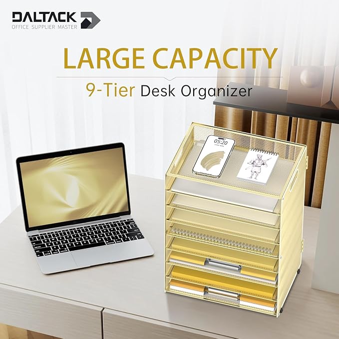 DALTACK 9-Tier Paper Organizer for Desk, Mesh Letter Tray Desk Organizer with Handles, Space-Saving File Organizer for Office Home School, Gold