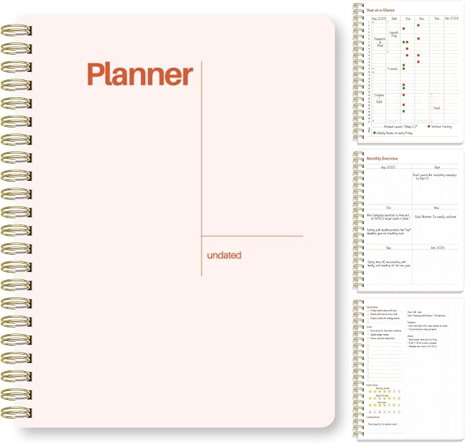 Undated Weekly Planner, 8.5" x 11", Dashboard Layout with Yearly Review, Monthly Calendars, & Weekly To Do List, Spiral Bound Organizer for Work, Study & Life (Blush White)