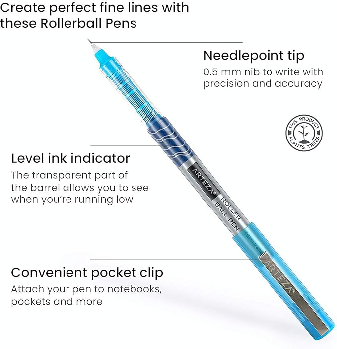 ARTEZA Rollerball Pens Fine Point, 24 Colored Pens Set, 0.5 mm Extra Fine Needle Tip, Liquid Ink Writing Pens for Journaling, Note Taking, Drawing, Color Coding