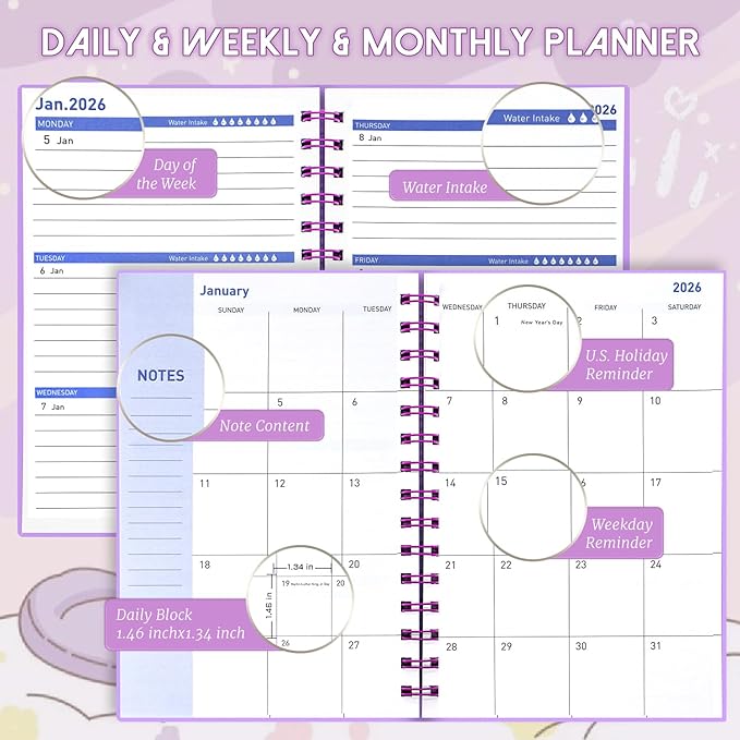 18 Month Planner 2026-2027, Weekly & Monthly & Daily Planner from Jan 2026 - Jun 2027, Planner Spiral Bound Academic Agenda Planning Organizer with 100GSM Thick Paper, A5 Size, Light Purple