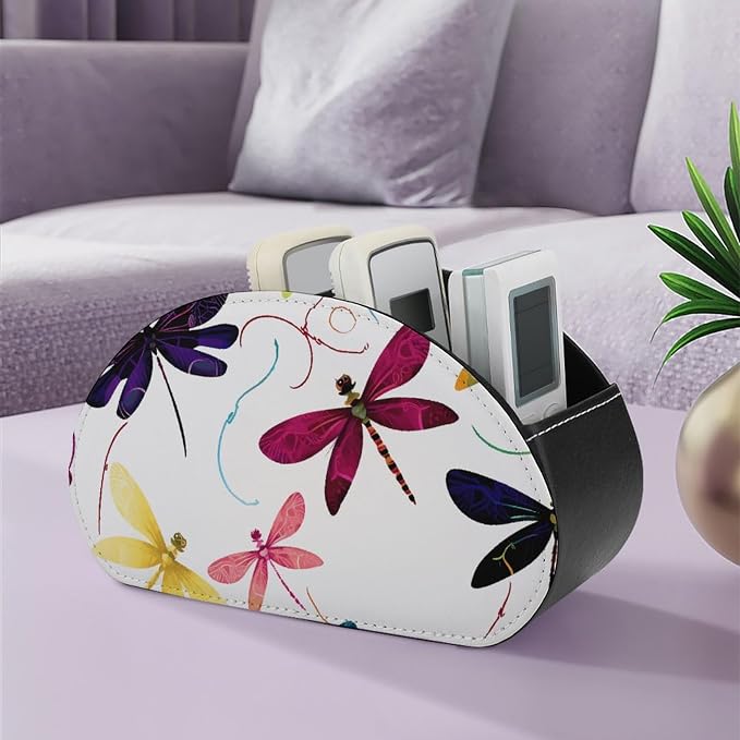 Colorful Dragonfly Remote Control Holder TV Remote Caddy with 5 Compartments PU Leather Storage Box Stylish Desk Organizer for TV/DVD/Accessories Desk Office Supplies Home