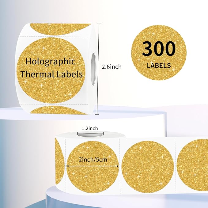 2 Inch Holographic Thermal Labels, Circle Direct Thermal Labels Stickers, Self-Adhesive Round Thermals Printer Label for DIY Logo Design (300Pcs, Holographic Shiny Gold)