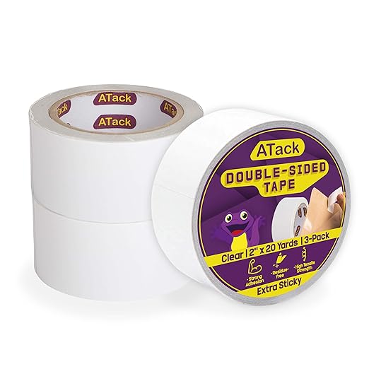 ATack Double Sided Clear Tape, 2-Inch x 20 Yards (3-Pack, 180ft Total) Heavy Duty Picture Mounting Tape for Gift Wrapping & Photo Safe Use