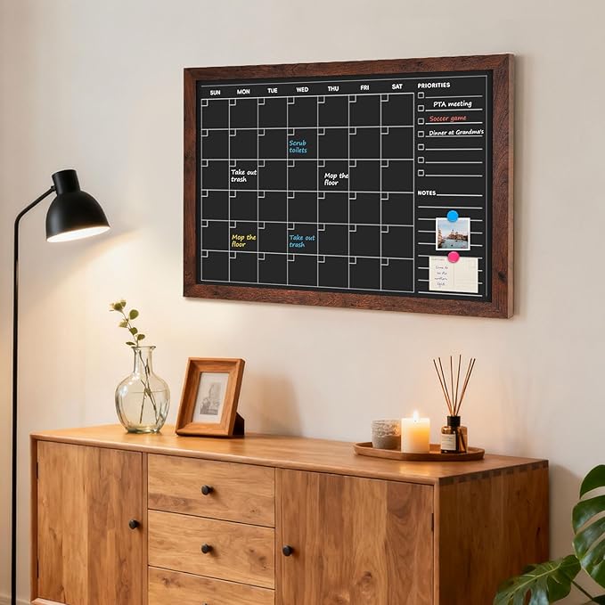 4 THOUGHT Monthly Calendar Chalkboard for Wall, 36" x 24" Magnetic Chalk Board with Rustic Frame, Large Blackboard Planner & Menu Board for Kitchen Home Office School, Includes 4 Markers & 8 Magnets
