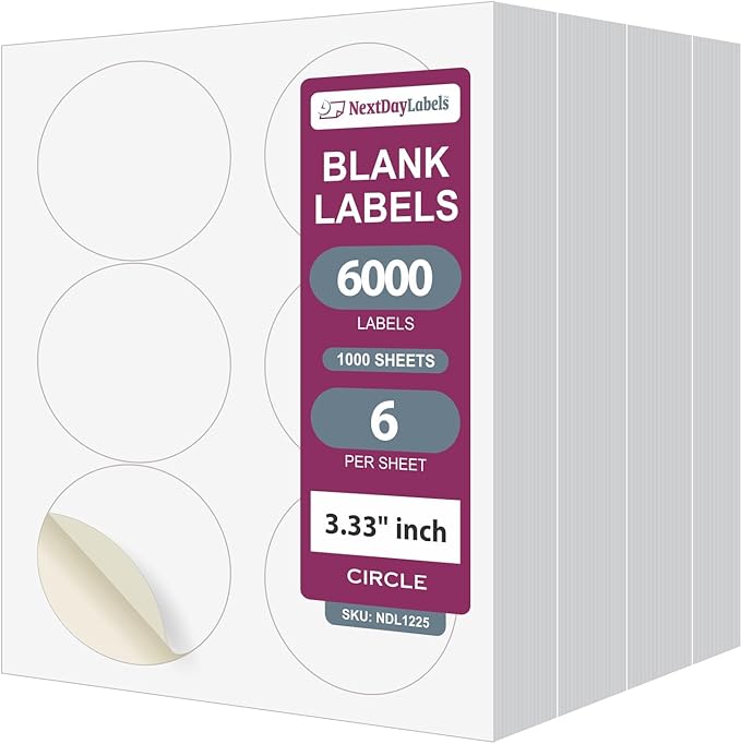 NextDayLabels 3.33 Inch Round Circle Stickers White Blank Labels for Laser Inkjet Printer - 6 Per Sheet Self-Adhesive Product Packaging Logo Made in USA - 6000 Labels