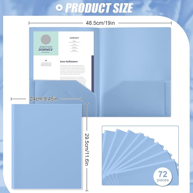 Gueevin 72 Pack Plastic Folder with Pockets, 2 Pocket Folders, Plastic Glossy Folders Fit Letter Size Paper, Heavy Duty Durable File Folder with Business Card for Home Office School (Haze Blue)