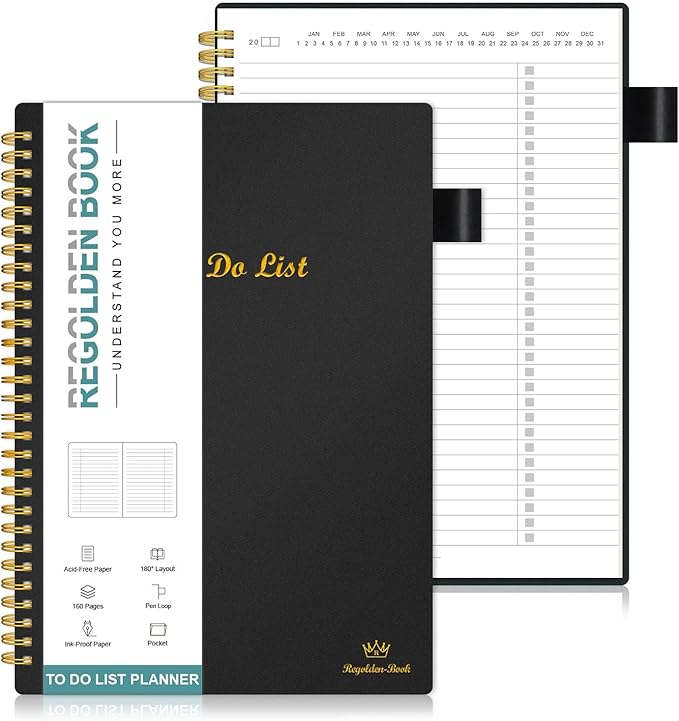 Regolden-Book To Do List Notebook, Daily Planner for Work, Project Tasks & Personal Organizer, Checklist Man/Women, Pocket, Pen Loop, 160 Pages (7"x10")