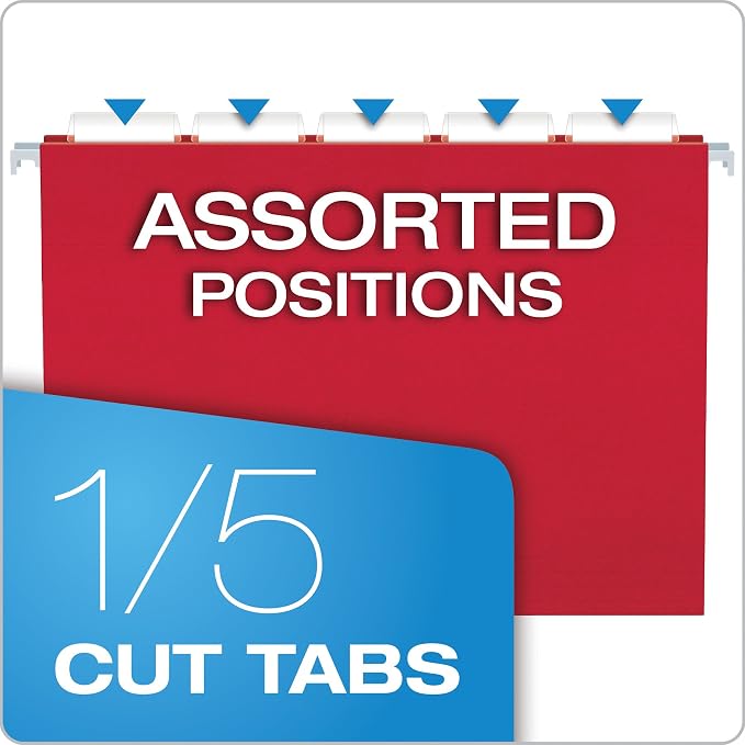 Pendaflex Hanging File Folders, Letter Size (8.5" x 11"), Assorted Colors: Green, Blue, Red, Yellow, Orange, 5 Tab Positions, Reinforced, Includes Tabs and Inserts, Durable, 25 Count (Pack of 2)