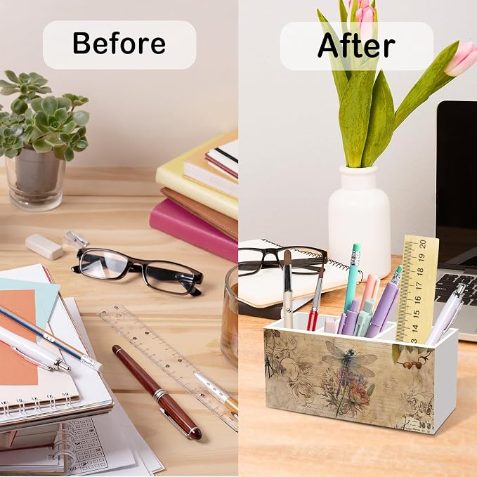 Dragonfly Pen Pencil Holder for Desk, Retro Dragon Fly Floral Office Desk Accessories, Dragon Fly Pen Holders Organizer for Office Classroom Bathroom, Dragonfly Gifts for Women