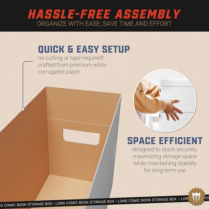 Max Protection Comic Book Storage Box - 6 Count Long ComicBook Boxes with White Corrugated Cardboard - Stackable Bin, Thick Case, Book Containers with Lid - Ideal for Comics, Magazines, Collectibles