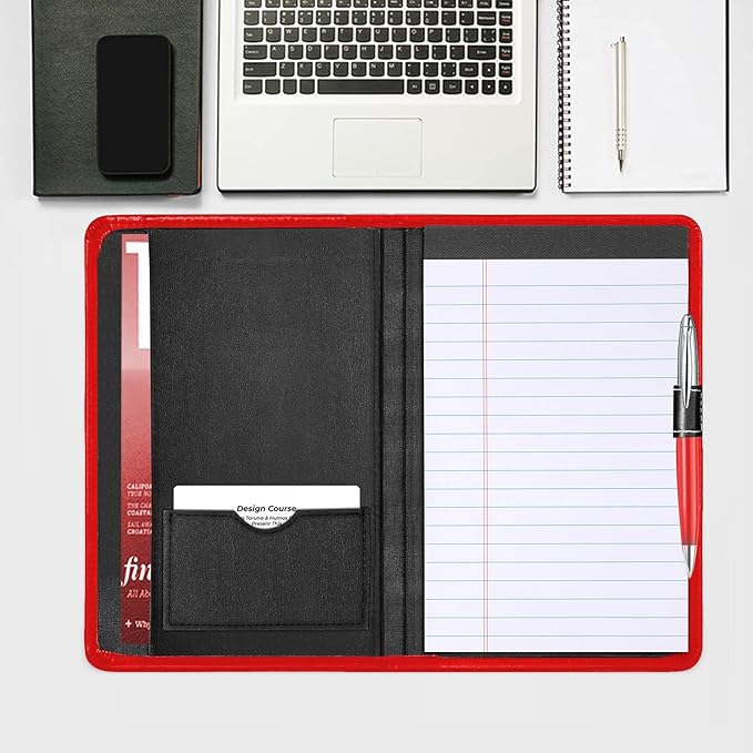 Mini Padfolio/Junior Portfolio Folder Case, Business A5 Binder Organizer Notepad for Men Women, 5 x 8 Writing Pad Included, Red