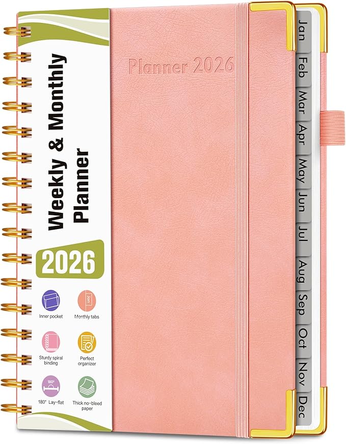 2026 Planner, Hardcover Leather Weekly and Monthly Planner, January 2026 - December 2026, Spiral Yearly Agenda Organizer Book 2026 with Tabs, Daily Calendar Planners for School Work Home, A5 (5.75" x 8.38"), Pink
