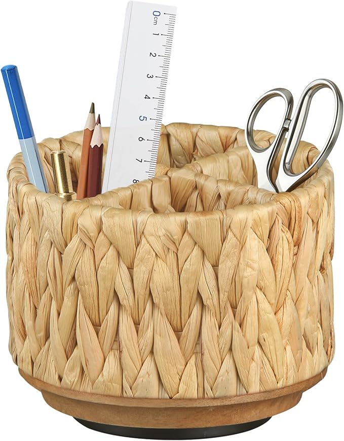 360 Swivel TV Remote Control Holder, Woven Water Hyacinth Desk Organizer, Rattan Pen Holder for Table, Boho Spinning Wicker Caddy for Art Supplies, Stationery, Office Living Room Bedside Decor