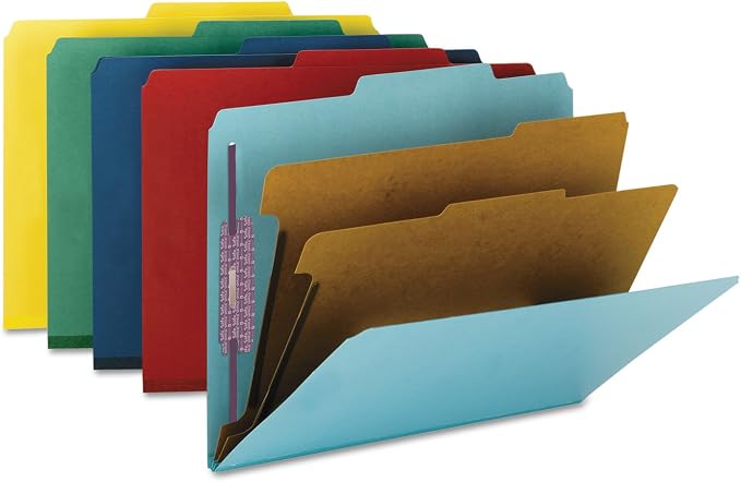 Smead Pressboard Classification File Folder with SafeSHIELD Fasteners, 2 Dividers, 2" Expansion, Letter Size, Assorted Colors, 10 per Box (14025)