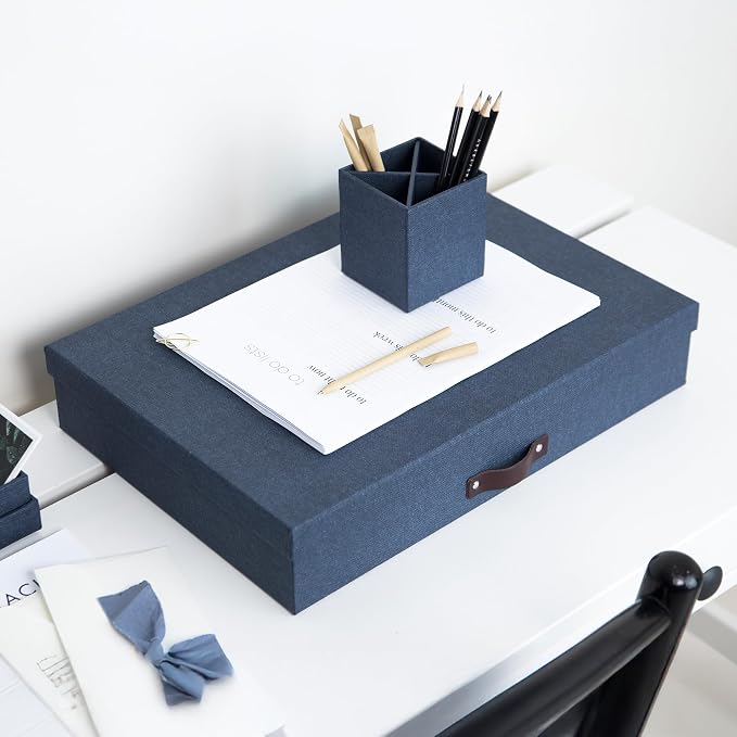 Bigso Sverker Canvas Fiberboard Legal and Art Storage Box | Scrapbook Storage Box for Loose Papers and More | Durable Document Boxes with Lid and Leather Handle | 17.1’’ x 12.2’’ x 3.3’’ | Blue