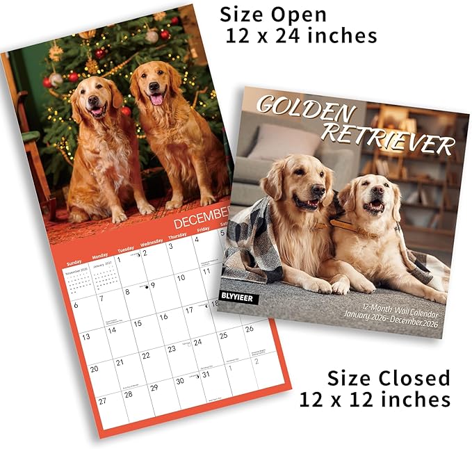2026 Wall Calendar,Golden Retriever Wall Calendar, 12" x 24" Open,Family Planner Calendar Organizer with Golden Retriever Images, for Dogs Lovers