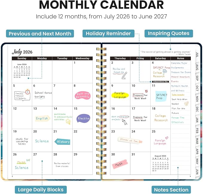 Planner 2026-2027, Monthly and Weekly Calendar Academic Planner July 2026 - June 2027, Hardcover Student Teacher Planning Agenda Book with Tabs, Perfect for Office School Supplies, A5 (6.3" x 8.5") - Waves Horses