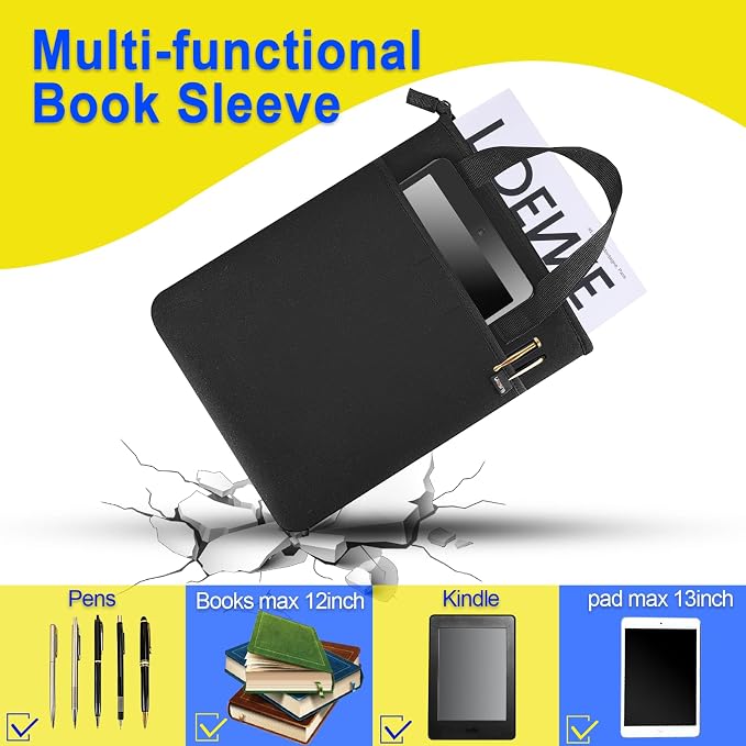 Likesing Book Sleeve for Book Lovers, 12.2" x9.8" Waterproof Book Pouch with Front Pocket, Black Neoprene Book Cover with Zipper for Pad Paperbacks Textbooks Bible Book Club Gifts