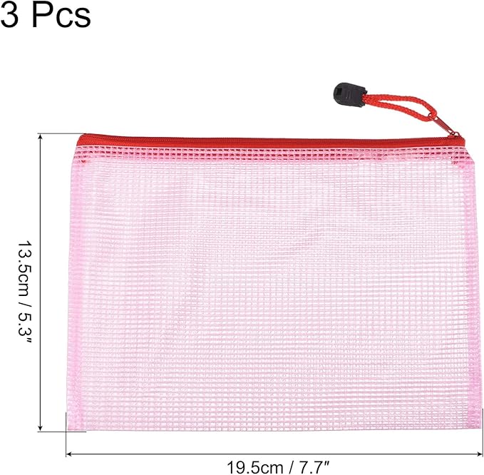 MECCANIXITY Mesh Zipper Bags, B6 Size File Document Pockets Bill Pouch Folders for Office Home Supply, Pink Pack of 3