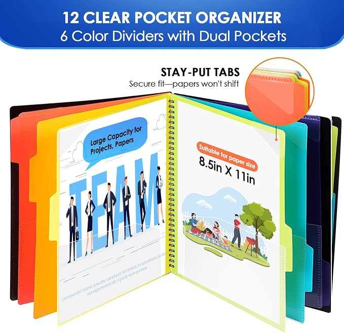 KTRIO 12 Pocket Project Organizer, Letter Size Spiral Binder,Black | 12 Pocket Storage,Letter Size Fit,Water-Resistant Poly,Zip Pouch Included,Writable Color Tabs