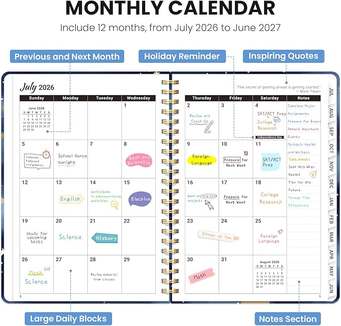 Planner 2026-2027, Monthly and Weekly Academic Planner July 2026 - June 2027, Hardcover Student Teacher Planning Agenda Calendar Book with Tabs, Perfect for Office School Supplies, A5 (6.3" x 8.5") - Starry Night