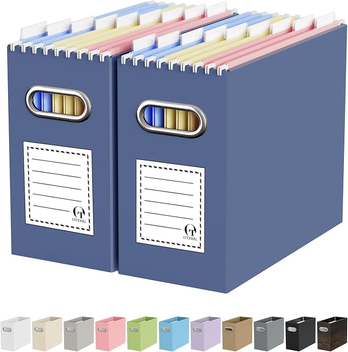 Oterri File Organizer Box, Portable Collapsible Cardboard File Folder Organizer with Handle for Letter Size Hanging Files, Document Storage Box for Home Office & Classroom (2 Packs, Navy)