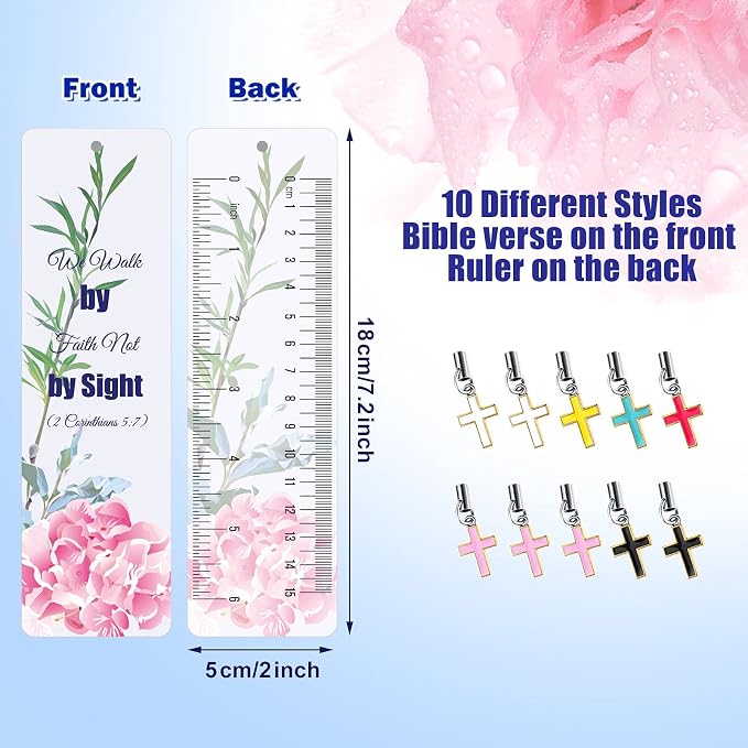 Tenare 20 Pcs Christian Bible Bookmarks for Women, Inspirational Verses Bookmarks with Cross Pendants, Religious Gifts for Women Men Reading Lovers(Floral Style)