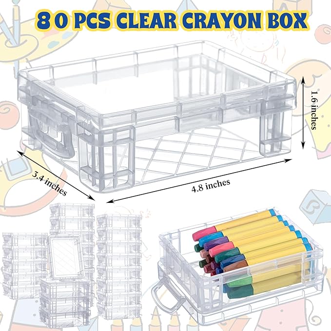 Suzile 80 Pcs Plastic Crayon Box with Lid Clear Crayon Organizer Stackable Storage Containers Bulk Pastel Holder Case for Office School Classroom Supplies Pen Pencil Art Crafts