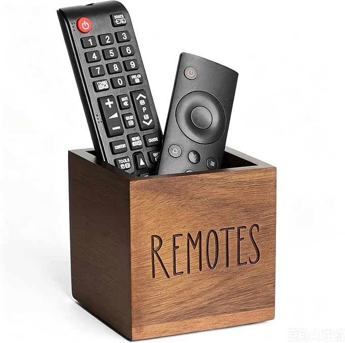 Remote Control Holder, Farmhouse Wood TV Organizer for Table, Wooden Remote Control Organizer, Remote Storage Caddy, Remote Control Organizer (Brown, 3.5 Inch-Labeled REMOTE)