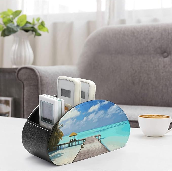 Pu Leather Remote Control Holders Waterproof TV Remote Holder with 5 Compartments Maldives Holidays Remote Caddy Box Desktop Storage Organizers for TV Remotes/Media Controllers/Office Supplies
