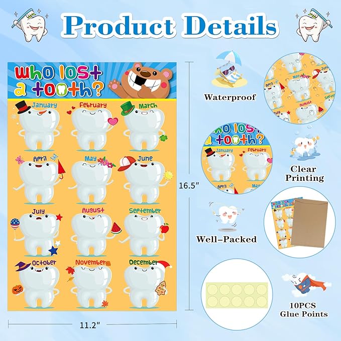 D4DREAM Who Lost a Tooth Poster - 11"x 16.5" Confetti Lost Teeth Learning Posters Charts for Nurse Office Decorations Back to School Teacher Supplies for Kindergarten Elementary Classroom