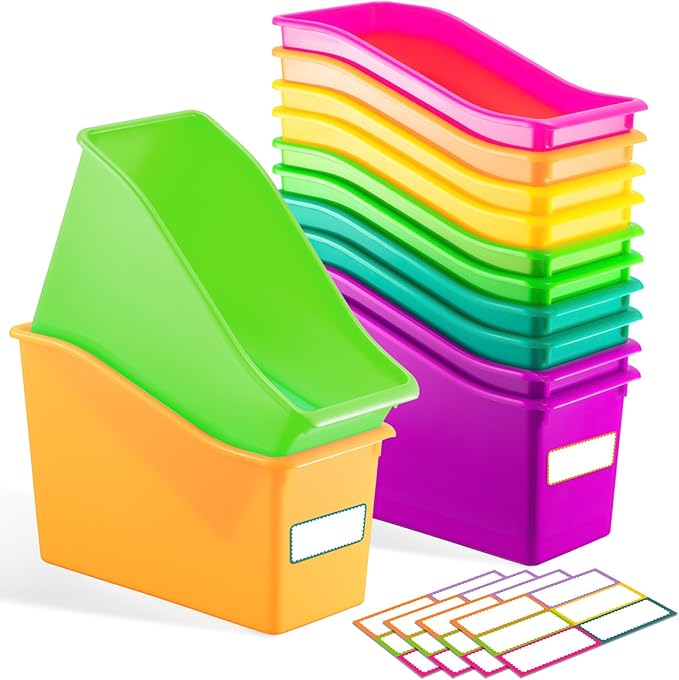 Geetery 12 Pcs Book Bin for Classroom with Labels Stackable Plastic Organizing Bins 11.5 x 5.4 x 7.5 in Book Holders Storage Bins Box Baskets for Classroom Library Home (Bright Color)