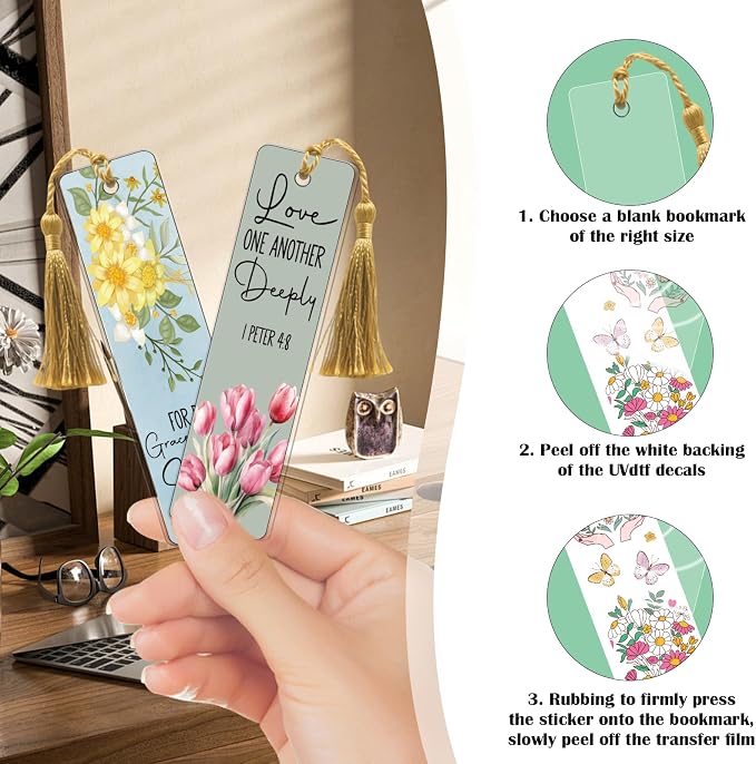 Bible UV DTF Bookmark Wraps - 24 Sheets Christian Inspirational Quotes Acrylic Blank Bookmark UV DTF Sticker, Orchid Rose Waterproof Transfer Sticker Decals Decoration Gift for Gift