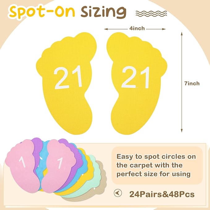 Outus 48 Pcs Carpet Feet Spots, Line up Sit Foot Spots for Classroom Floor, Carpet Markers for Teacher Supplies Classroom Rug, School Decoration(Macaron Color)