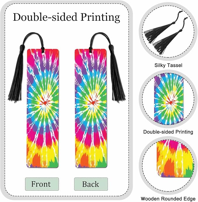 Tie Dye Bookmarks Set 5 with Tassels Rainbow Rendering Wooden Bookmarks for Reading Women Men Students Teachers School Supplies