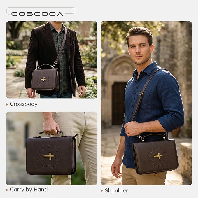 Large Bible Cover Case Church Bag with Detachable Shoulder Strap,Brown PU Leather Bible Bag for Men, Bible Protective Book Holder,Christian Gift for Men Women