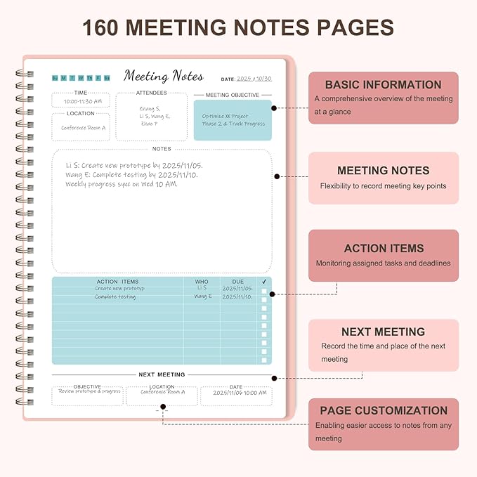 Meeting Notebook for Work Organization, Work Planner Notebook with Action Items, Project Agenda Planner for Note Taking, 160 Pages (6.9" X 9.9"), Perfect Office School Business Supplies for Women & Men (Pink)