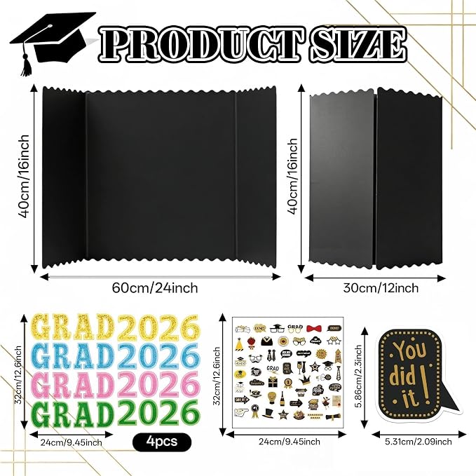 4 Set Graduation Photo Trifold Poster Board, Class of 2026 Graduation Picture Display Boards with Colorful Grad Stickers, Photo Display Board for Grad Party Multiple Pictures Table Decor, 24 x 16 Inch