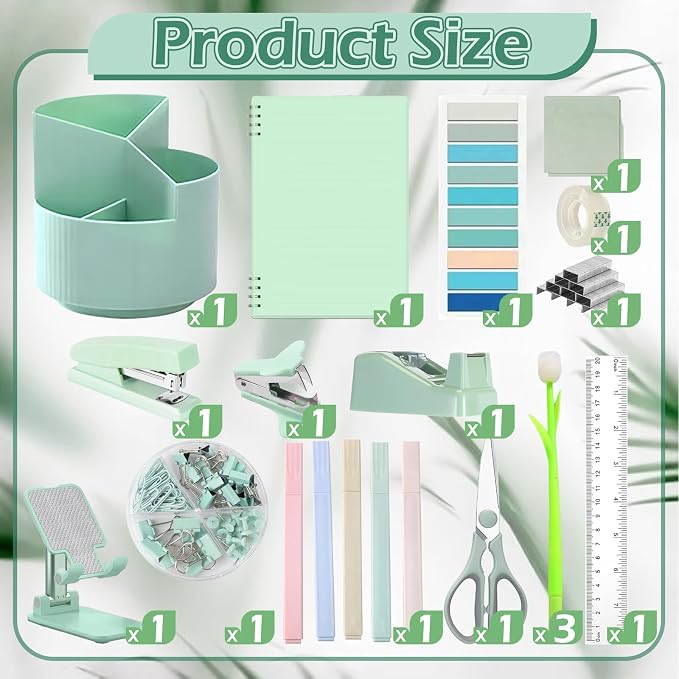 Sage Green Desk Accessories Office Supplies Set, Pen Holder, Stapler, Tape Dispenser, Notebook, Scissor, Sticky Notes, Binder Clips, Desk Organizers (Green)