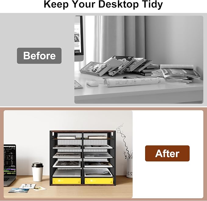 TQVAI 12 Compartments Desktop Literature Organizer, Metal Frame Paper Sorter with Handles, Adjustable Mailbox for Classroom and Office, Desk File Organizer for Document, Bill, Magazine, Antique Brown